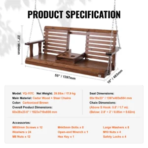Wooden 5 ft Patio bench swing  Upgraded 880 lbs
